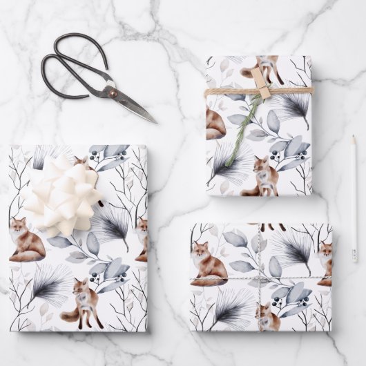 Rode Vos Waterverf Bos Botanische Kerst Inpakpapier Vel (Voorkant)