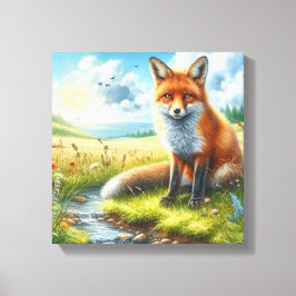 Rode Vos zittend bij stroom opgerekt canvasprint Canvas Afdruk