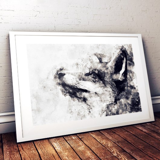 Rode Vos Zwart en Wit Aquarel 01 Foto Afdruk