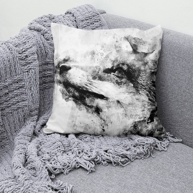 Rode Vos Zwart en Wit Aquarel 01 Kussen (Red Fox Black and White Watercolor 01. Throw Pillow)