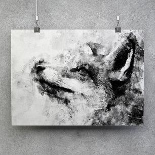 Rode Vos Zwart en Wit Aquarel 01 Poster