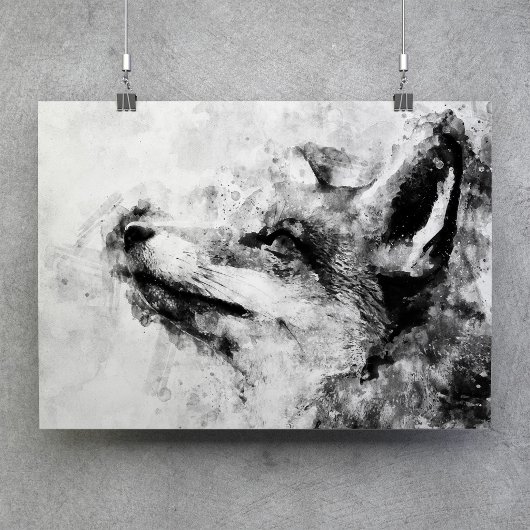 Rode Vos Zwart en Wit Aquarel 01 Poster