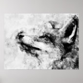 Rode Vos Zwart en Wit Aquarel 01 Poster (Voorkant)