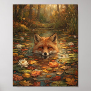 Rode Vos Zwemt Herfst Vijver Waterlelie Botanisch Poster