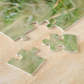 Rode voskit in gras bij hol legpuzzel (Zijkant)