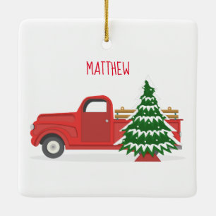 Rode Vracht met kerstboom Keramisch Ornament