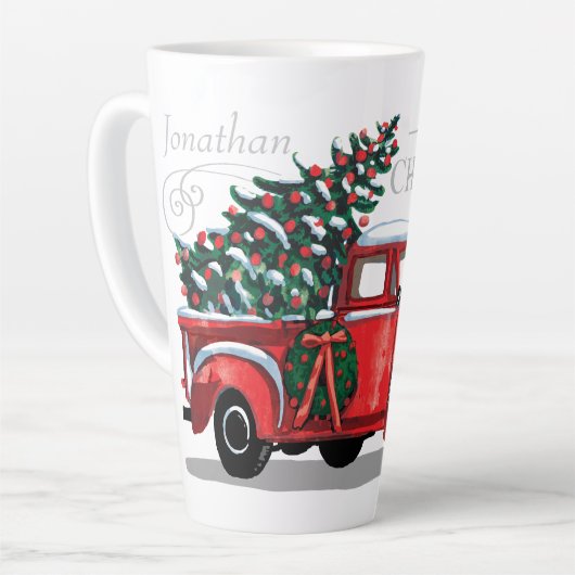 Rode Vracht Vroege Kerstmonogram Naam Latte Mok (Linkerhoek)