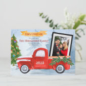 rode vrachtwagen 2 foto Vrolijk kerstfeest Feestdagenkaart (Staand voorkant)