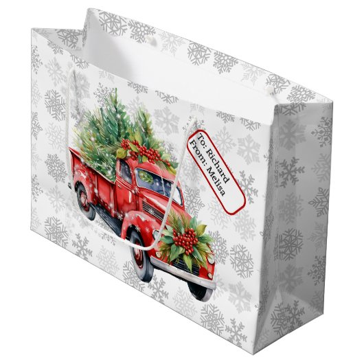  Rode Vrachtwagen Aangepaste Naam Label Kerstsneeu Groot Cadeauzakje (Voorkant Gekanteld)