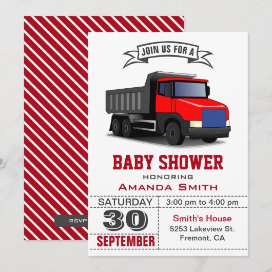 Rode vrachtwagen babyshower uitnodiging (Voorkant / Achterkant)