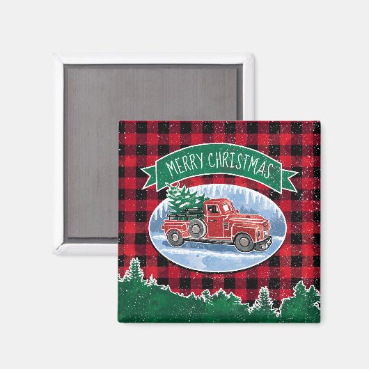  rode vrachtwagen Buffel Plaid Vrolijk Kerstfeest Magneet (Voorkant / Achterkant)