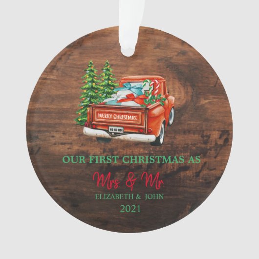 Rode vrachtwagen dennenbomen onze eerste kerst hou ornament (voorkant)