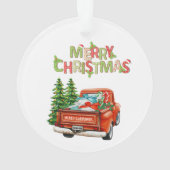 Rode vrachtwagen dennenbomen onze eerste kerstvaka ornament (achterkant)