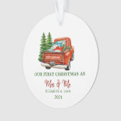 Rode vrachtwagen dennenbomen onze eerste kerstvaka ornament (voorkant)