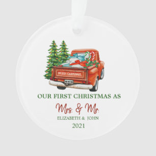 Rode vrachtwagen dennenbomen onze eerste kerstvaka ornament