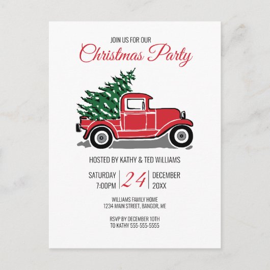  rode vrachtwagen dennenboom kerstfeest uitnodiging briefkaart (Voorkant)