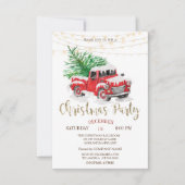 Rode vrachtwagen dennenboom sneeuw,lichtjes kerstf kaart (Voorkant)