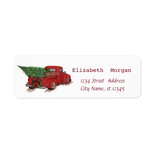 Rode vrachtwagen dennenboom vrolijk kerstfeest etiket (Voorkant)