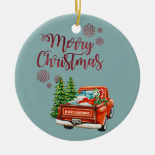 Rode vrachtwagen dennenboom vrolijk kerstfeest keramisch ornament