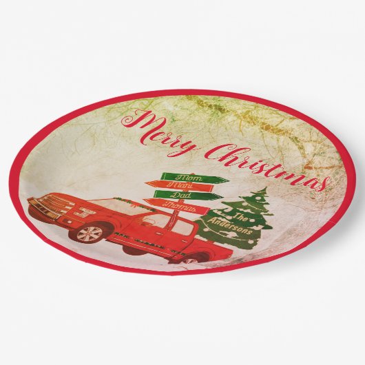 Rode Vrachtwagen Elegant Rustiek Vrolijk Kerstfee Papieren Bordje (Gekanteld)