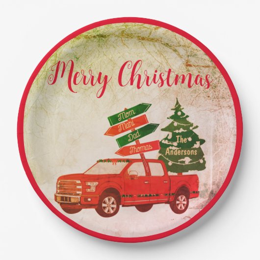 Rode Vrachtwagen Elegant Rustiek Vrolijk Kerstfee Papieren Bordje (Voorkant)