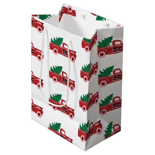 Rode vrachtwagen en boom medium cadeauzakje (Voorkant Gekanteld)