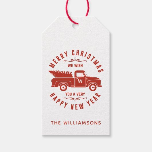 Rode vrachtwagen en boom vrolijk kerstfeest gelukk cadeaulabel (Voorkant)