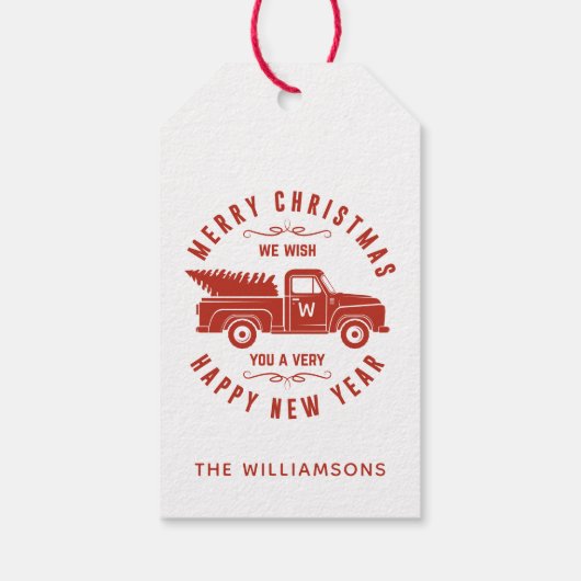 Rode vrachtwagen en boom vrolijk kerstfeest gelukk cadeaulabel (Achterkant)