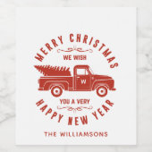 Rode vrachtwagen en boom vrolijk kerstfeest gelukk wijn etiket (Enkel label)