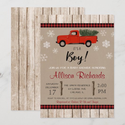 Rode vrachtwagen en sneeuwvlokken Christmas boy ba Kaart (Voorkant / Achterkant)