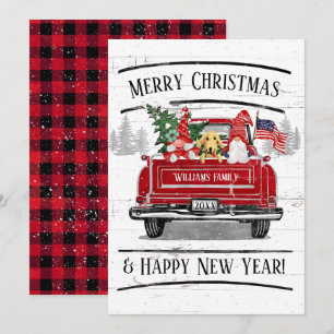 Rode Vrachtwagen Gnome Paar Hond Patriottisch Pla Feestdagenkaart