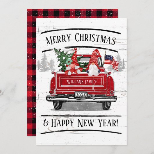  Rode Vrachtwagen Gnome Paar Patriottische Kerstmi Feestdagenkaart (Voorkant / Achterkant)
