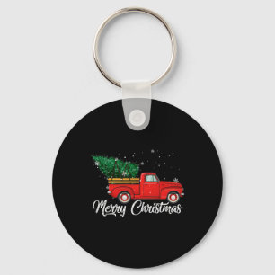 Rode vrachtwagen haalt kerstboom op Vintage vakant Sleutelhanger
