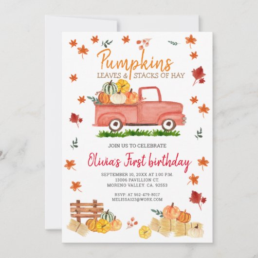 Rode Vrachtwagen Herfst Verjaardagsfeest Hay, Blad Kaart (Voorkant)