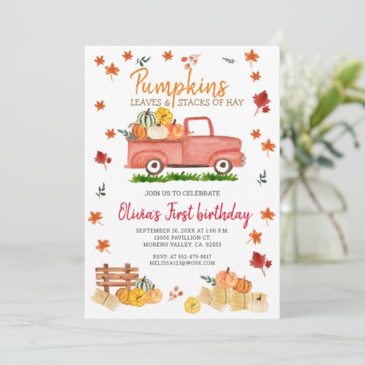 Rode Vrachtwagen Herfst Verjaardagsfeest Hay, Blad Kaart (Staand voorkant)