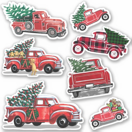  rode vrachtwagen kerstboom cadeaus hondenvakantie sticker (Voorkant)