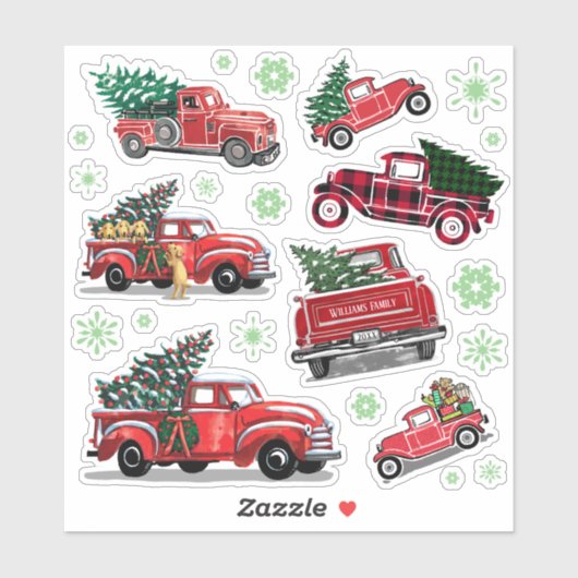  Rode Vrachtwagen Kerstboom Groene Sneeuwvlokken Sticker (Vel)