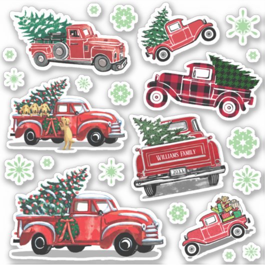  Rode Vrachtwagen Kerstboom Groene Sneeuwvlokken Sticker (Voorkant)