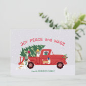 Rode Vrachtwagen Kerstboom Honden Rijden Kerstmis Kaart (Staand voorkant)