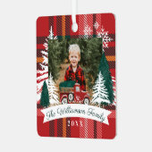 Rode Vrachtwagen Kerstboom Levering Rode geruite f Metalen Ornament (Voorkant links)