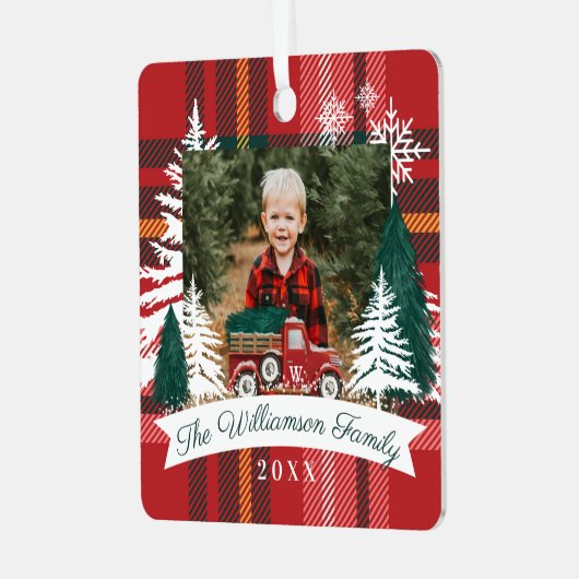 Rode Vrachtwagen Kerstboom Levering Rode geruite f Metalen Ornament (Voorkant links)