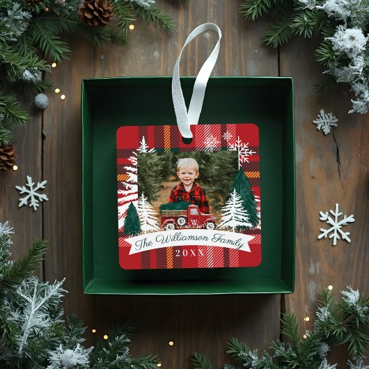 Rode Vrachtwagen Kerstboom Levering Rode geruite f Metalen Ornament