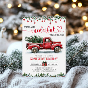 Rode vrachtwagen kerstboom Onederful 1e verjaardag Kaart