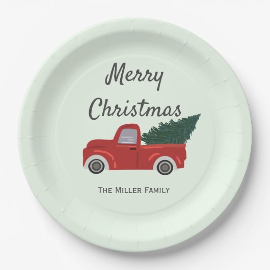 Rode vrachtwagen kerstboom papieren bordje (Voorkant)