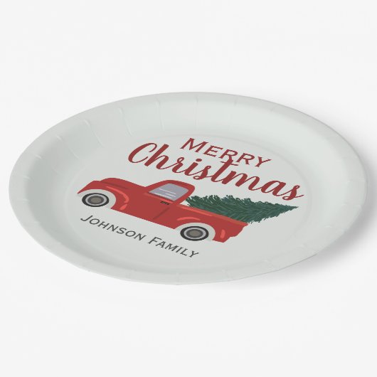 Rode vrachtwagen kerstboom personaliseert papieren bordje (Gekanteld)