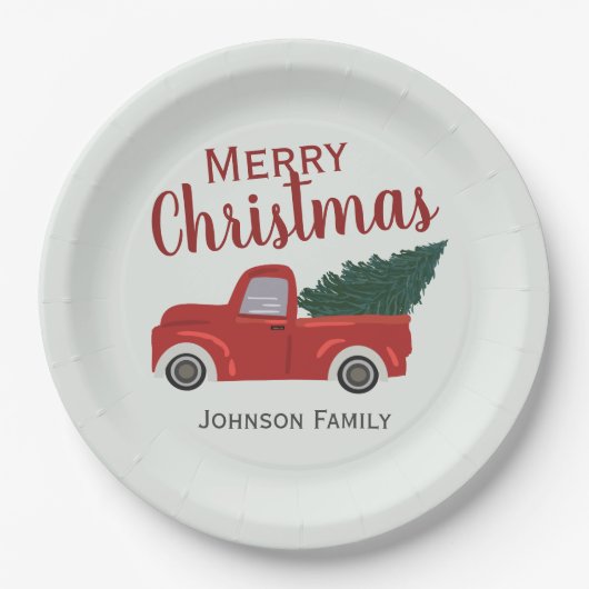 Rode vrachtwagen kerstboom personaliseert papieren bordje (Voorkant)