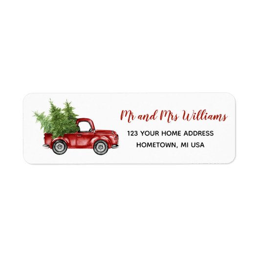 Rode vrachtwagen kerstboom retouradres etiket (Voorkant)