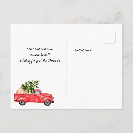  rode vrachtwagen kerstboomkrijt, bewegend aankondigingskaart (Achterkant)