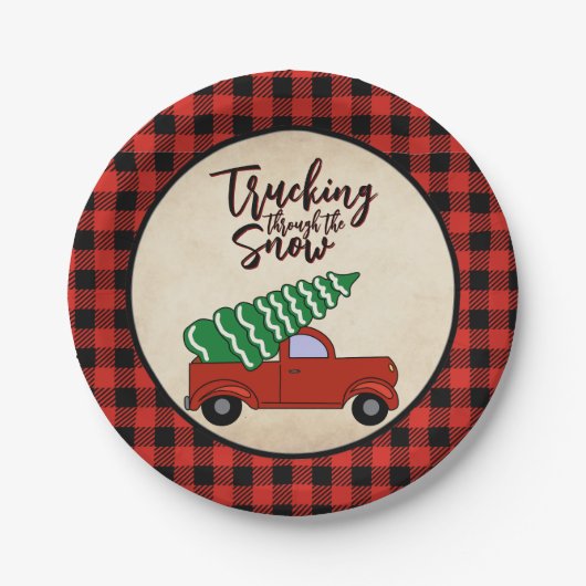 Rode Vrachtwagen Kerstfeest Borden Buffalo Plaid Papieren Bordje (Voorkant)