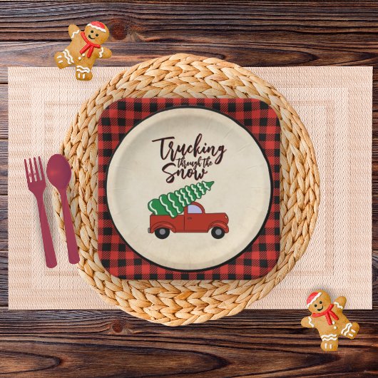 Rode Vrachtwagen Kerstfeest Borden Papieren Bordje